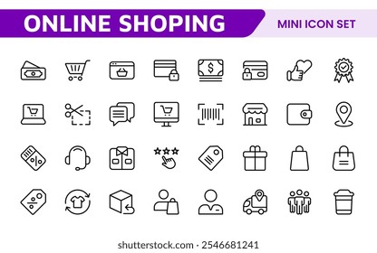 Shopping Icon Set. Vibrant and engaging icons for enhancing e-commerce platforms, perfect for product listings, cart management, and checkout processes to elevate the online shopping experience.