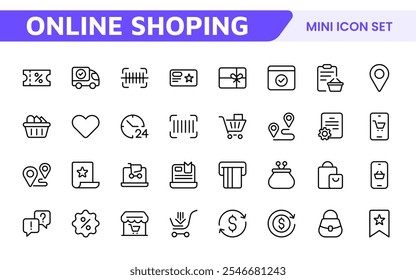 Shopping Icon Set. Vibrant and engaging icons for enhancing e-commerce platforms, perfect for product listings, cart management, and checkout processes to elevate the online shopping experience.