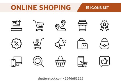 Conjunto de Ícones de Compras. Ícones vibrantes e atraentes para aprimorar as plataformas de comércio eletrônico, perfeitos para listagens de produtos, gerenciamento de carrinho e processos de finalização de compra para elevar a experiência de compras on-line.