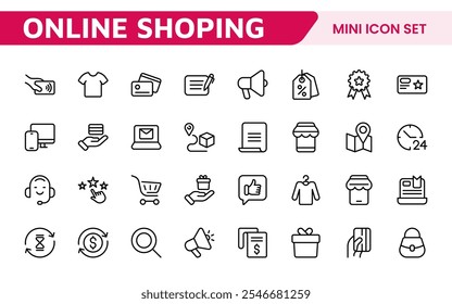 Shopping Icon Set. Vibrant and engaging icons for enhancing e-commerce platforms, perfect for product listings, cart management, and checkout processes to elevate the online shopping experience.