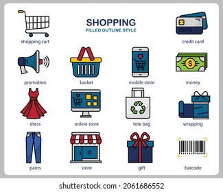 shopping icon set for website document poster design printing application shopping concept icon filled outline style