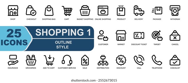 shopping icon set.simple line style.contains shop,cashier,buy,shopping bag,basket,shopping cart,online shopping,web shopping,products.and many more.
