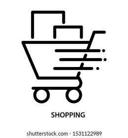 Shopping Icon. Trollay with motion. Simple design. Line vector. Isolate on white background.