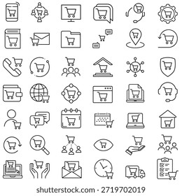 Ícone de compras conjunto de vetores. Compras online Coleção de sinais de ilustração. Símbolo de compras. Logotipo da venda.