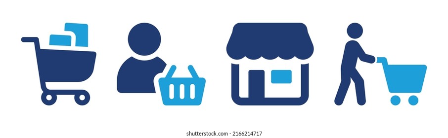 Shopping icon vector set. Shop, customer with cart, product basket symbol. Commerce concept.