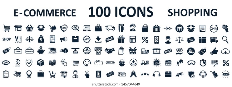 Shopping icons 100, set shop sign e-commerce for web development apps and websites - stock vector