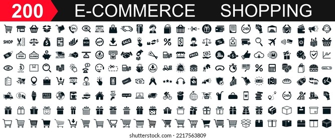 Shopping icons 200, set shop sign e-commerce for web development apps and websites - stock vector