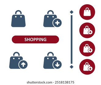 Ícones de compras. Saco de compras, saco, saco de presente, botão, adicionar, seta, compras on-line, ícone de e-commerce. Profissional, ícone de vetor perfeito de 32x32 pixels.