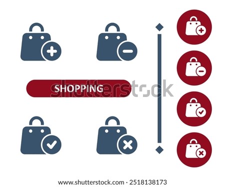 Shopping icons. Shopping bag, bag, gift bag, button, add, subtract, checkmark, delete icon. Professional, 32x32 pixel perfect vector icon.