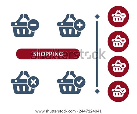 Shopping icons. Shopping basket, basket, button, plus, add, minus, checkmark, delete, cancel icon. Professional, 32x32 pixel perfect vector icon.