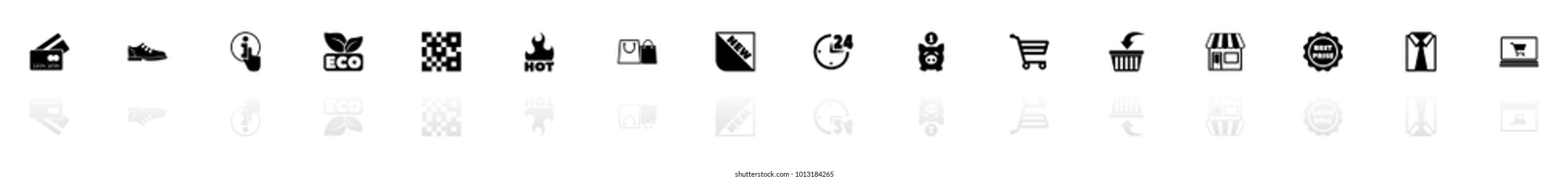 Shopping icons - Black horizontal Illustration symbol on White Background with a mirror Shadow reflection. Flat Vector Icon.