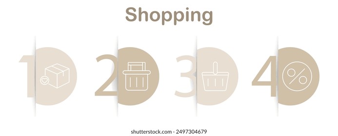 Shopping icons. Calculator, package box, shopping cart, discount tag, basket, money, empty box, shopping bag, percentage, product box, sale. Linear e-commerce illustrations.