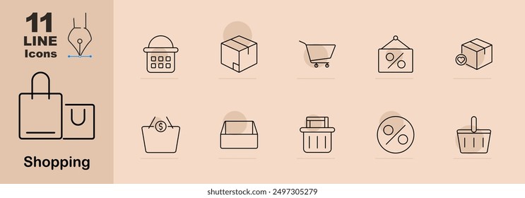 Shopping icons. Calculator, package box, shopping cart, discount tag, basket, money, empty box, shopping bag, percentage, product box, sale. Linear e-commerce illustrations.