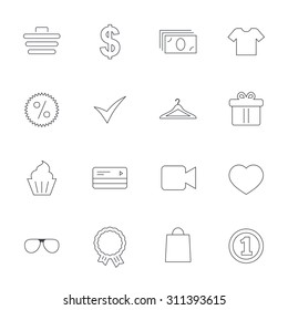 Shopping icons. Shopping cart, dollar currency and cash money. Shirt clothes, gift box and hanger. Credit or debit card. Outline line icons on white background. Vector