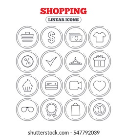 Shopping icons. Shopping cart, dollar currency and cash money. Shirt clothes, gift box and hanger. Credit or debit card. Circle flat buttons with linear icons. Vector