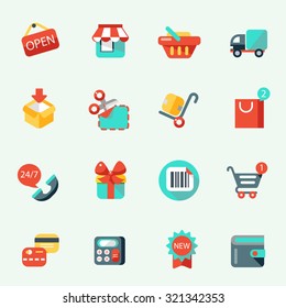 Shopping icons in cartoon style, flat design