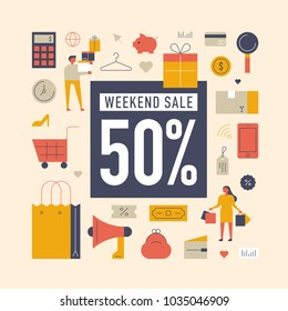  Shopping icons and characters. vector illustration flat design