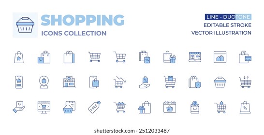 Shopping icons collection. Line Duotone style, editable stroke. shopping, online, mall, free, online shop, location pin, cart, shopping basket, shopping bag.