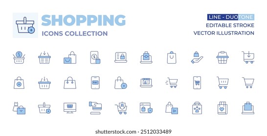 Coleção de ícones de compras. Linha Duotone estilo, curso editável. compras on-line, saco, cesta, loja on-line, janela, cartão de crédito, consumidor, pagar.