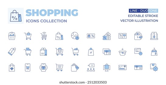 Shopping icons collection. Line Duotone style, editable stroke. money, online shop, gift card, shopping cart, shopping bag, mobile phone, loyalty, group, box.