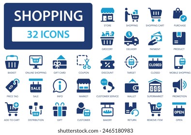 Shopping icons collection. People shop in stores and online. E-shopping, store, shopping cart, delivery, promotion. Simple flat vector icon.