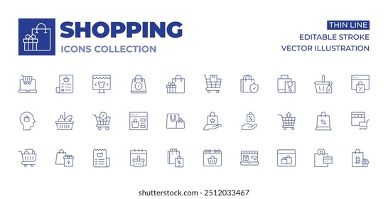 Shopping icons collection. Thin Line icons, editable stroke. bag, shopping basket, bags, shopping cart, online, shopping list.