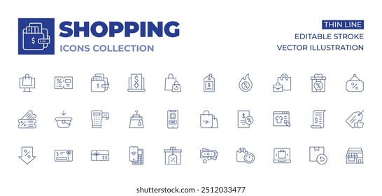 Shopping icons collection. Thin Line icons, editable stroke. coupon, add, labeling, decrease, money, payment, gift card, skirt, discount, cash, cashless, ticket, bag, duty free.