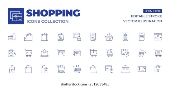 Colección de iconos de compras. Iconos de línea delgada, movimiento editable. bolso, pago en línea, Carrito de la carretilla, bolsos, Carrito, carretilla, voucher del regalo, descuento en línea, caja, tarjeta.