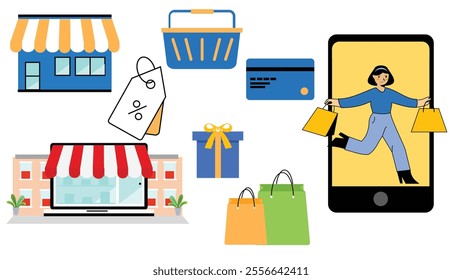 Shopping icons collection. Vector various types of shopping elements isolated on white background