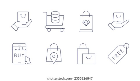 Iconos de compras. Trazo editable. Conteniendo compras, carrito de compras, bolsas de compras, compra, gratis.