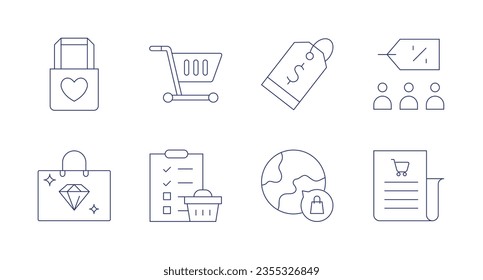 Shopping icons. Editable stroke. Containing tote bag, shopping cart, price tag, group, jewelry, shopping list, global market.