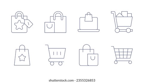 Iconos de compras. Trazo editable. Con bolso de compra, compra, pago en línea, carrito de vagones, bolsos, carrito.