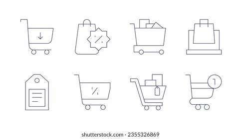 Iconos de compras. Trazo editable. Conteniendo carrito de la compra, bolsa de la compra, online, etiqueta, compras.