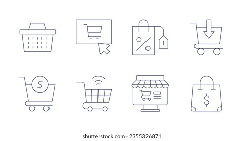 Iconos de compras. Trazo editable. Conteniendo cesta de compras, compras en línea, bolsas de compras, carrito, en línea.