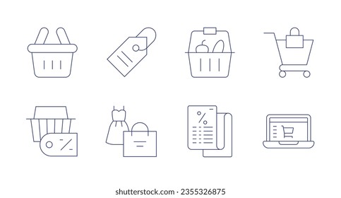 Shopping icons. Editable stroke. Containing shopping basket, price tag, shopping cart, shopping bag, receipt, online shop.