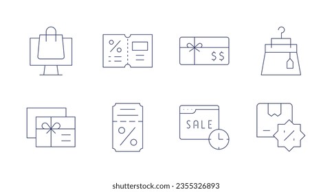Iconos de compras. Trazo editable. Conteniendo tienda online, cupón, tarjeta de regalo, falda, cupón de regalo, boleto, descuento en línea, caja.