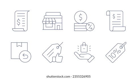 Shopping icons. Editable stroke. Containing receipt, shop, coins, invoice, return, best price, product, percent.