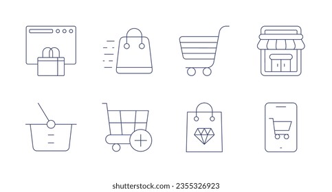 Shopping icons. Editable stroke. Containing online shop, shopping bag, shopping cart, online store, add to cart, mobile phone.
