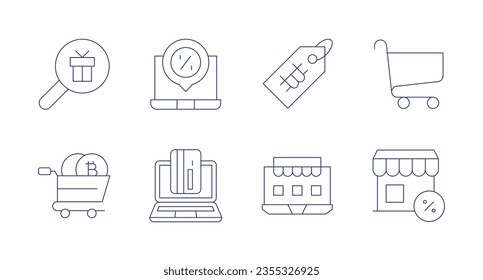 Shopping icons. Editable stroke. Containing magnifying glass, laptop, price tag, cart, online shopping, store.