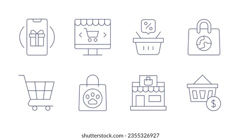 Iconos de compras. Trazo editable. Con lealtad, online, cesta de compras, bolso, carrito de compras, tienda de mascotas, centro comercial.