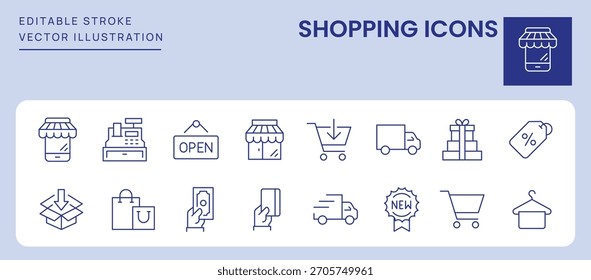 Shopping Icons. Editable Stroke. Set of thin line icons symbol collection.