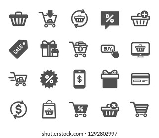 Shopping icons. Gift box, Present coupon and Sale offer tag signs. Shopping cart, surprise gift and Delivery symbols. Speech bubble, Discount tag coupon , Credit card. Online sale. Vector