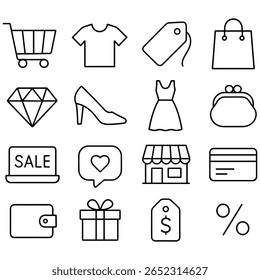 Ícones de compras em uma grade, mostrando elementos de varejo, com um estilo limpo e moderno, perfeito para design de e-commerce e materiais de marketing, grade de ícone simples representando conceitos de compras