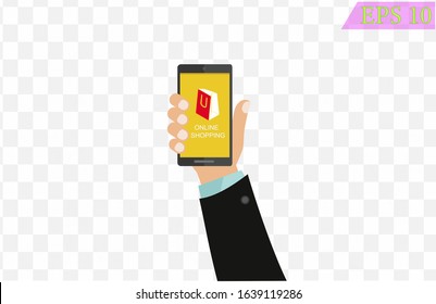  Shopping icons. Hand holding a smartphone, e-commerce on the phone, flat design, website sale.