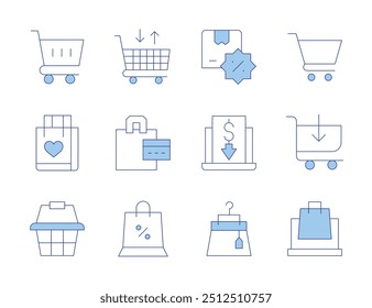 Shopping icons. Line Duotone style, editable stroke. trolley cart, shopping cart, online shopping, basket, bag, low price, skirt, box.