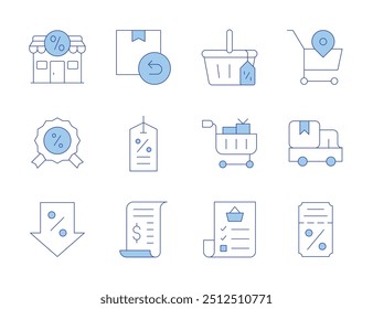 Iconos de compras. Carrito, cesta de la compra, lista, boleto, estándar, comercio y compras, disminución, descuento, tienda, Comprobante, devolución, ventas.