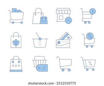 Shopping icons. Line Duotone style, editable stroke. basket, shopping cart, bag, credit card, shopping store.