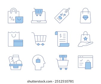 Shopping icons. Line Duotone style, editable stroke. basket, online shopping, bag, shopping cart, invoice, percent, sales.