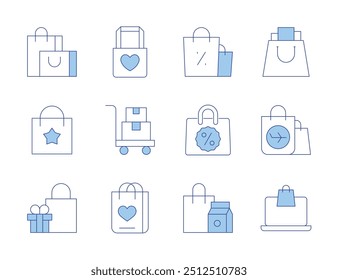 Shopping icons. Line Duotone style, editable stroke. shopping bag, tote bag, trolley, online payment, duty free.