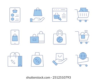 Shopping icons. Line Duotone style, editable stroke. bag, shopping cart, list, online shopping, discount.